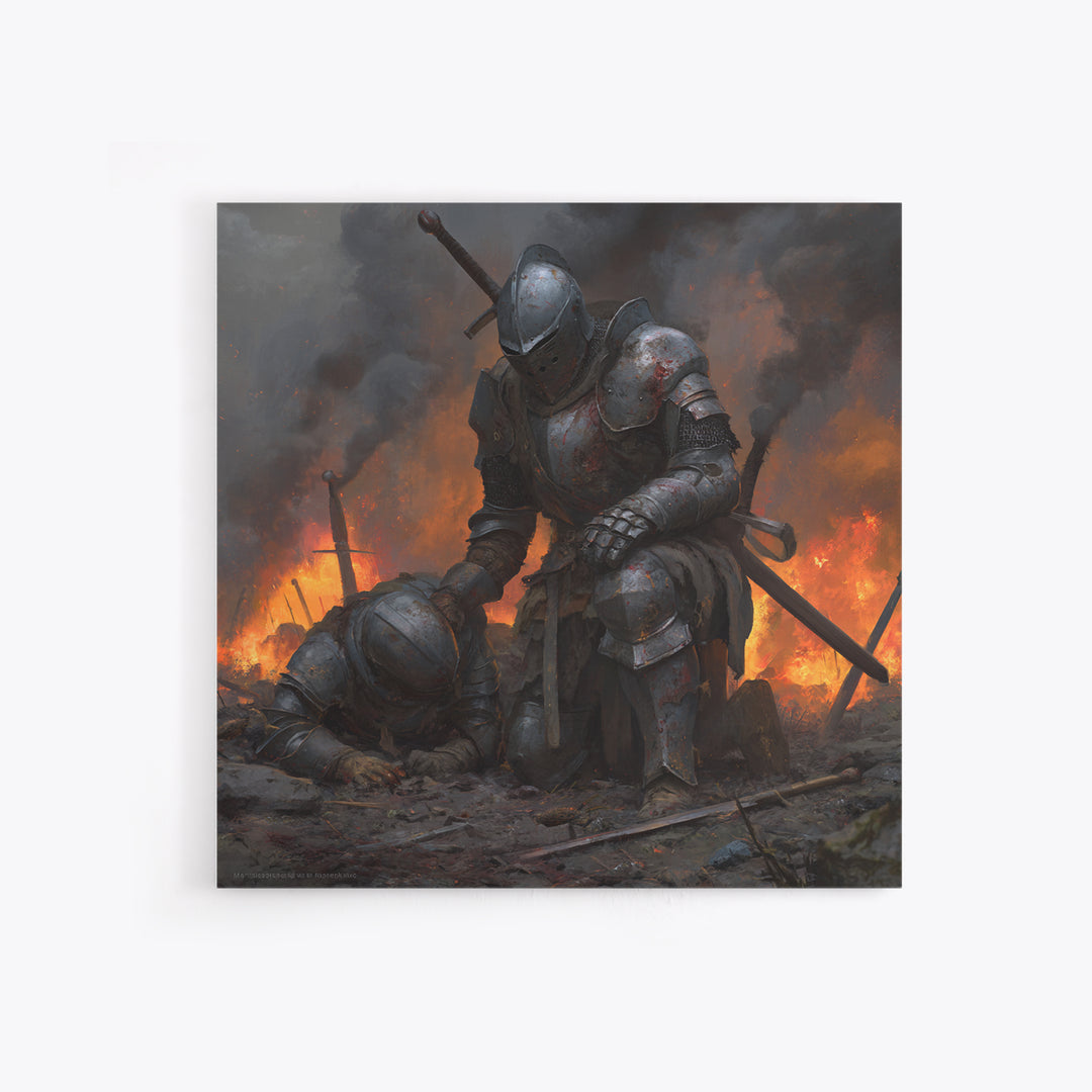 Bloodied Knight Kneeling On Fiery Battlefield, Dark Fantasy Wall Art, Medieval Armor Canvas Print, Gothic Warrior Decor Gift