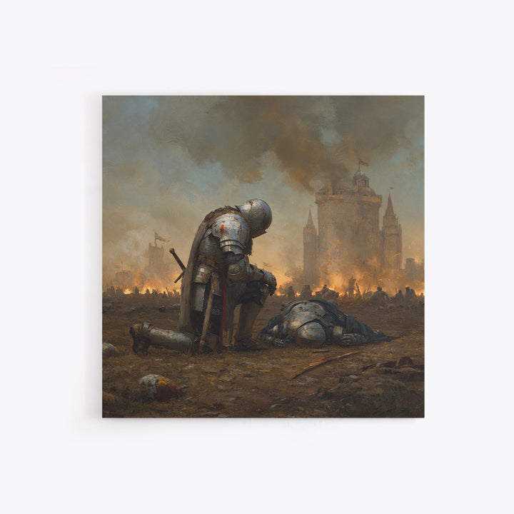 Kneeling Knight In War Torn Field By Castle, Medieval Wall Art, Dark Fantasy Canvas Print, Moody Living Room Decor Gift For Him