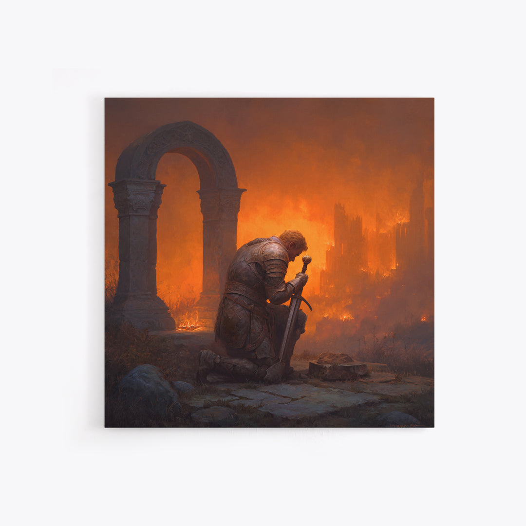 Knight Praying Beside Sword In Burning Ruins, Dark Fantasy Wall Art, Medieval Canvas Print, Gothic Castle Decor Gift For Him