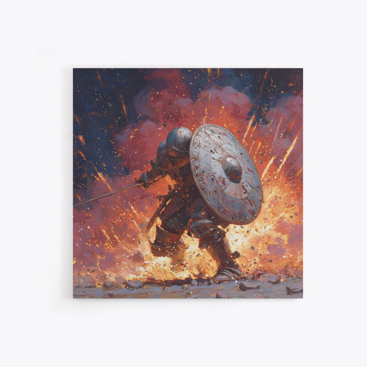 Shielded Knight Charging Through Exploding Fire, Dark Fantasy Wall Art, Medieval Battle Canvas Print, Gothic Game Room Decor