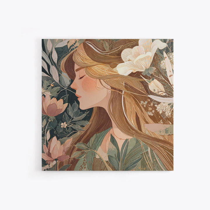 Blonde Woman In Blooming Garden Wall Art, Art Nouveau Floral Canvas Print, Feminine Botanical Decor, Romantic Bedroom Art