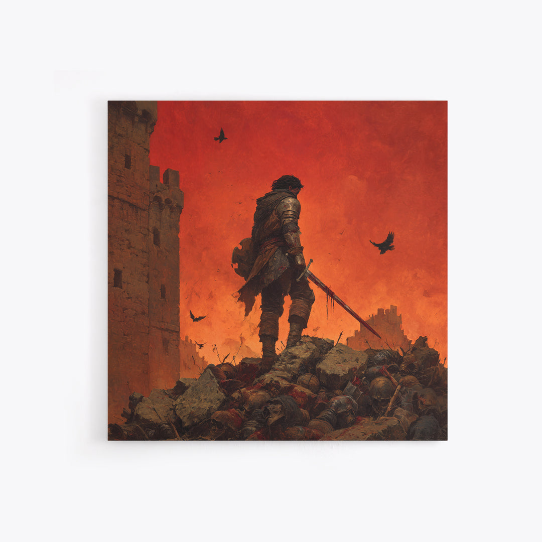 Lone Medieval Warrior On Red Battlefield Wall Art, Dark Fantasy Castle Canvas, Gothic Knight Decor, Dramatic Game Room Print