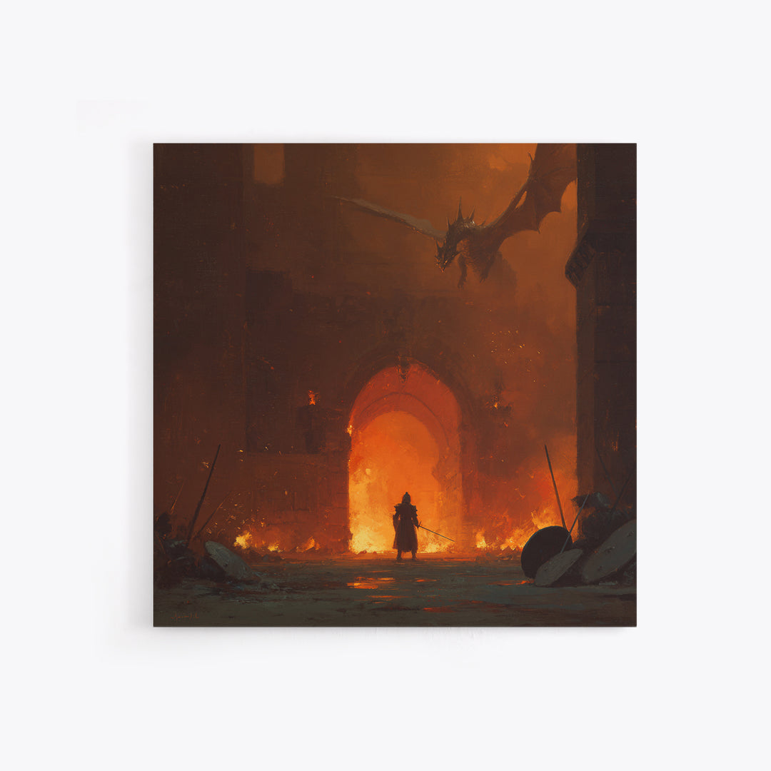 Dragon Above Burning Castle Gate Framed Canvas Print, Dark Fantasy Wall Art, Medieval Warrior Decor, Gothic Game Room Poster