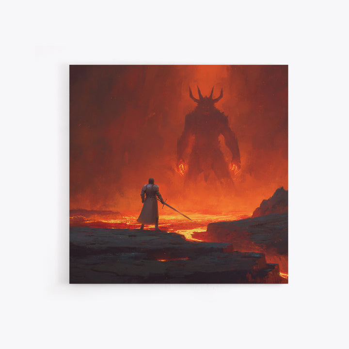 Knight Facing Fiery Demon In Lava Realm Canvas Print, Dark Fantasy Wall Art, Gothic Battle Decor, Epic Gaming Room Poster