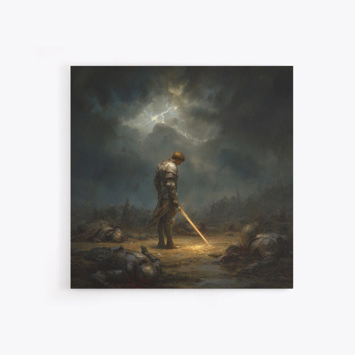 Stormlit Knight With Glowing Sword Wall Art, Dark Fantasy Battlefield Print, Gothic Medieval Decor, Dramatic Office Wall Art