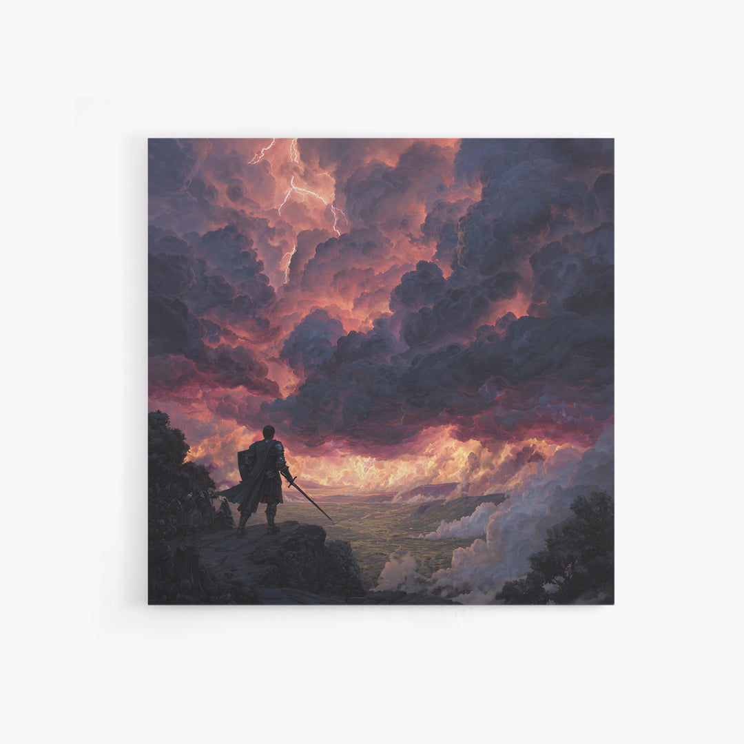 Warrior Beneath Thundercloud Sky Canvas Print, Dramatic Fantasy Landscape Wall Art, Lightning Storm Decor, Moody Wall Decor