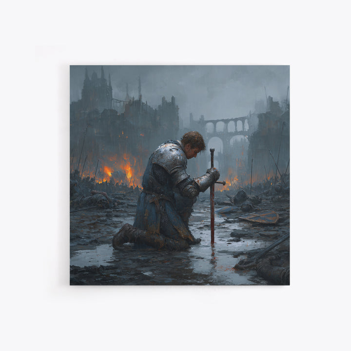 Kneeling Knight In Rainy Ruins Framed Canvas Print, Dark Fantasy Wall Art, Medieval Castle Decor, Moody Battlefield Art Print