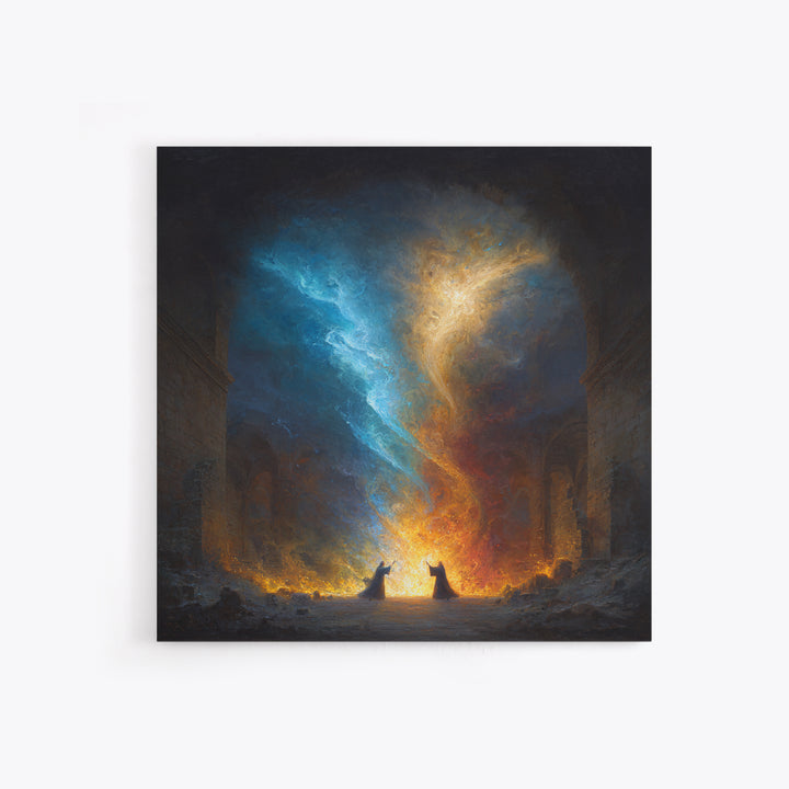 Twin Mages Casting Blue Gold Spell Canvas Print, Fantasy Magic Wall Art, Mystical Abstract Energy Decor, Wizard Wall Art