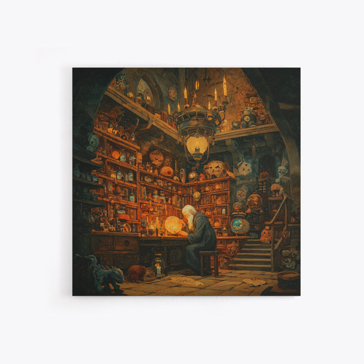 Old Wizard In Magical Curiosity Shop Wall Art, Fantasy Library Decor, Whimsical Alchemist Canvas, Dark Academia Home Decor Print