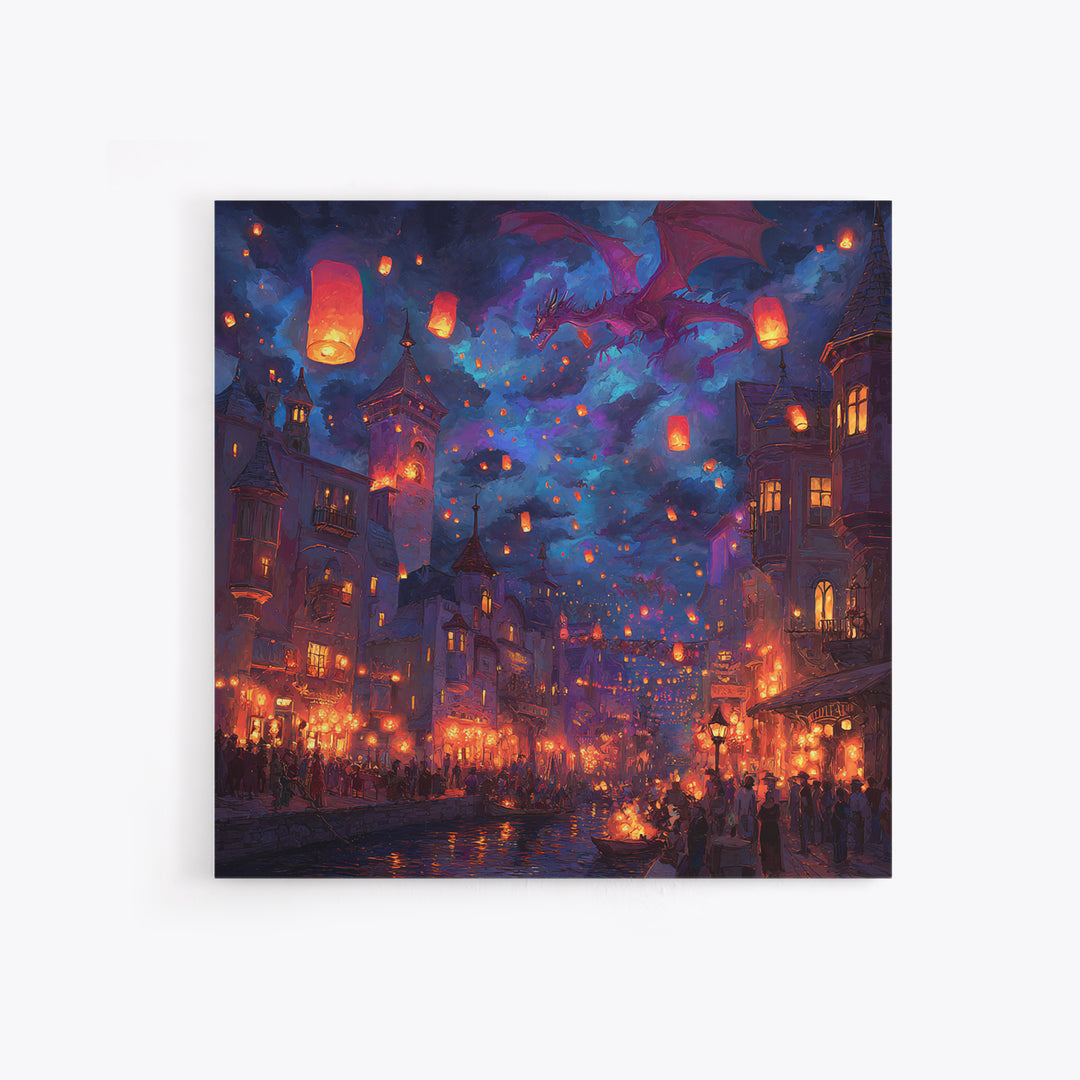 Purple Dragon Over Lantern Festival Wall Art, Whimsical Fantasy City Canvas, Magical Night Decor, Colorful Kids Room Poster