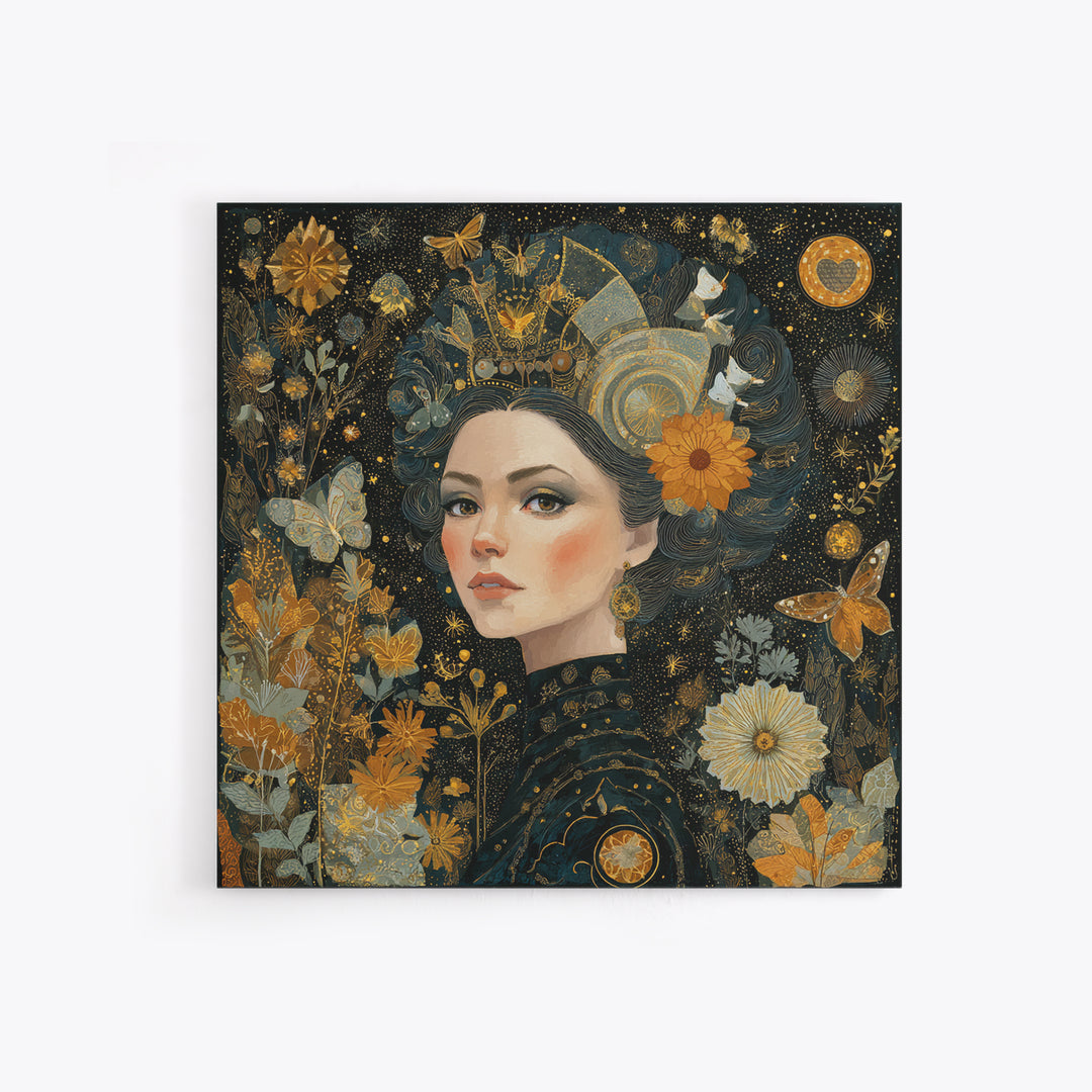 Art Nouveau Woman With Gold Flowers Canvas Print, Feminine Celestial Wall Art, Botanical Portrait Decor, Elegant Gift For Her