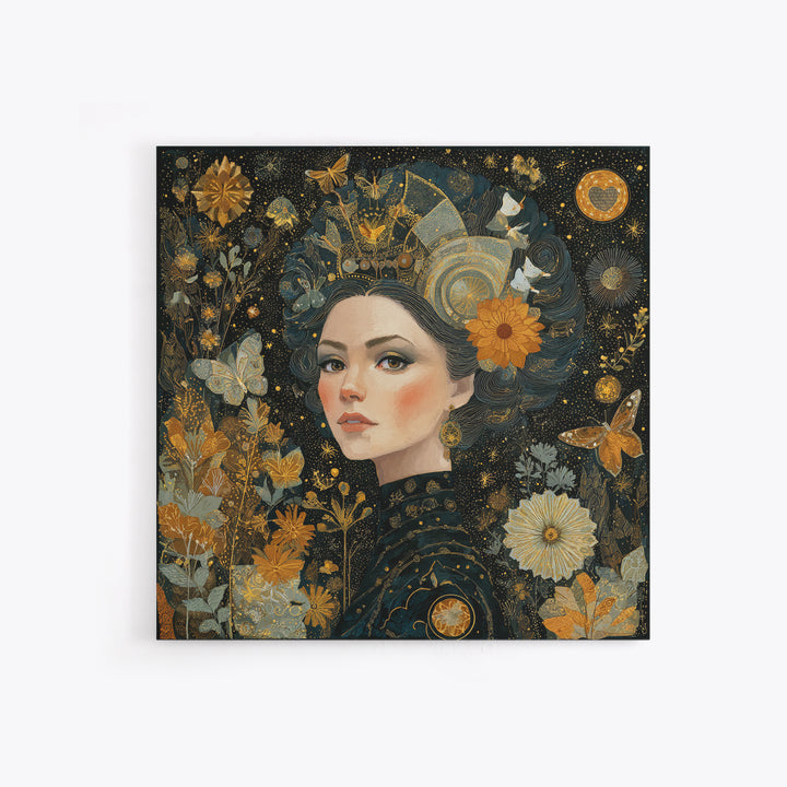 Art Nouveau Woman With Gold Flowers Canvas Print, Feminine Celestial Wall Art, Botanical Portrait Decor, Elegant Gift For Her