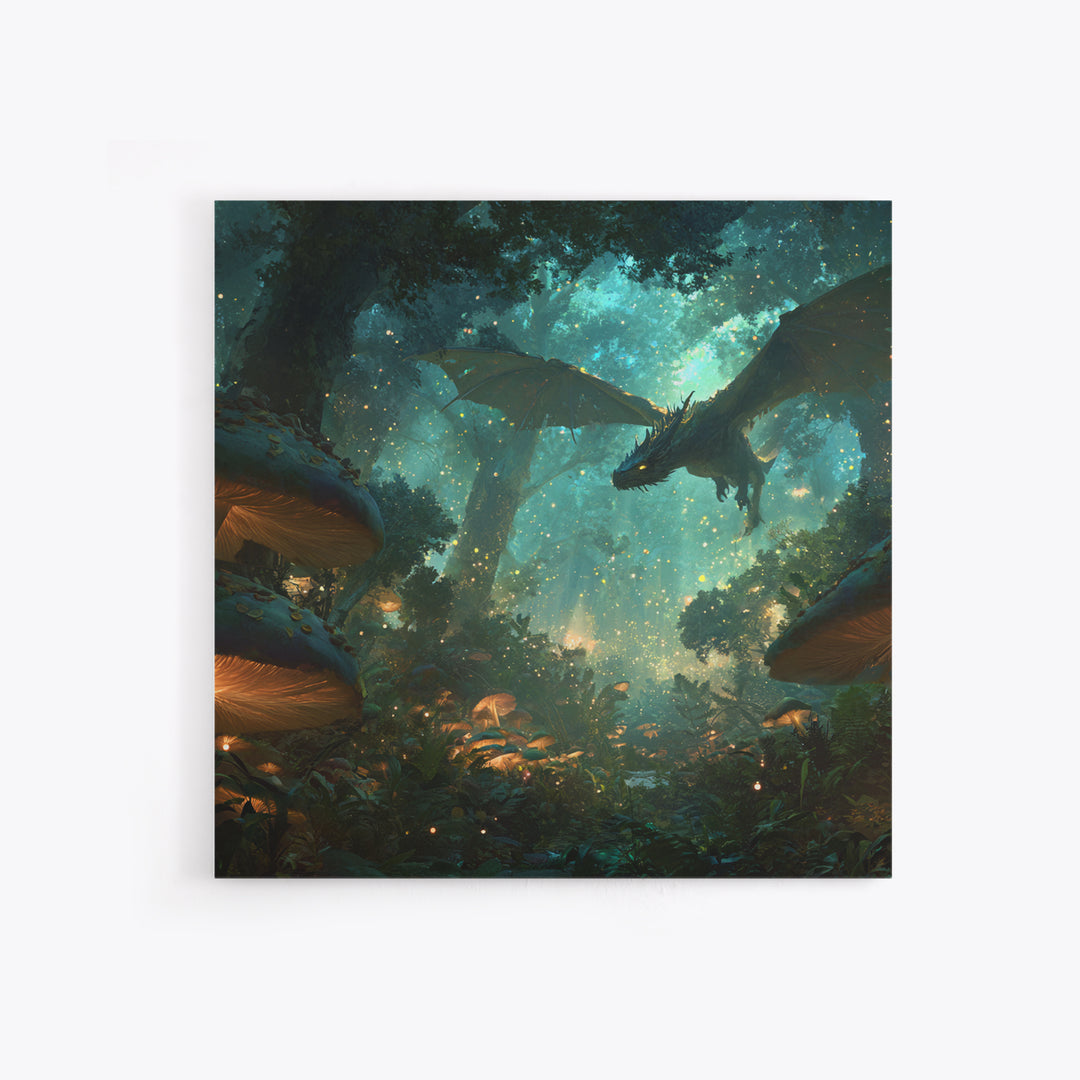 Enchanted Forest Dragon With Glowing Mushrooms Wall Art, Fantasy Canvas Print, Magical Woodland Decor, Gamer Room Decor Gift