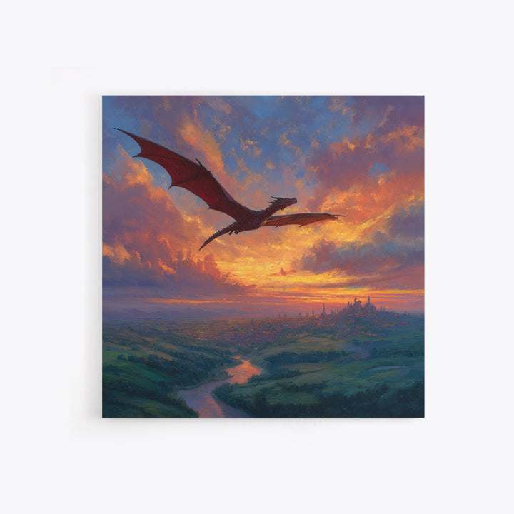 Red Dragon Flying Over Sunset Kingdom Canvas Print, Fantasy Landscape Wall Art, Castle Decor, Epic Gamer Room Gift For Him