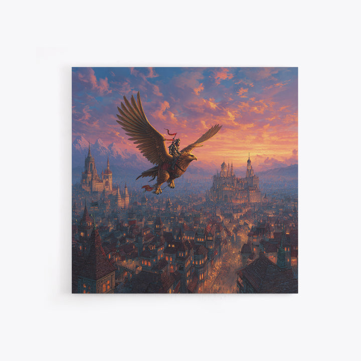 Warrior Riding Griffon Over Medieval City Framed Canvas Print, Fantasy Wall Art, Castle Landscape Decor, Epic Adventure Gift