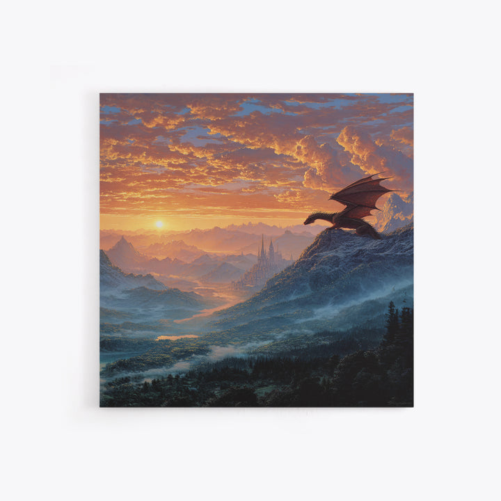 Mountain Dragon Watching Sunrise Kingdom Wall Art, Fantasy Landscape Canvas Print, Castle Decor, Epic Adventure Gift For Gamers