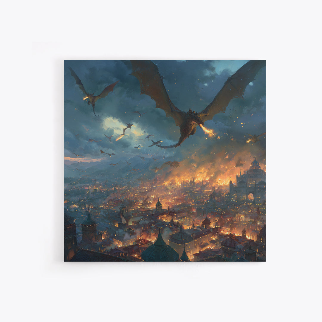 Fire Breathing Dragons Attacking Burning City Canvas Print, Dark Fantasy Wall Art, Medieval Battle Decor, Gamer Room Gift