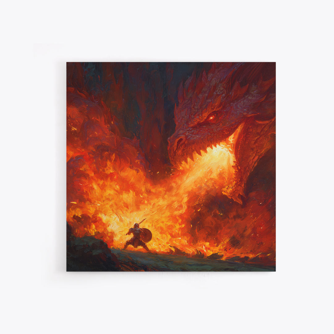 Red Dragon Breathing Fire At Brave Knight Wall Art, Dark Fantasy Canvas Print, Epic Medieval Battle Decor, Gamer Gift For Him