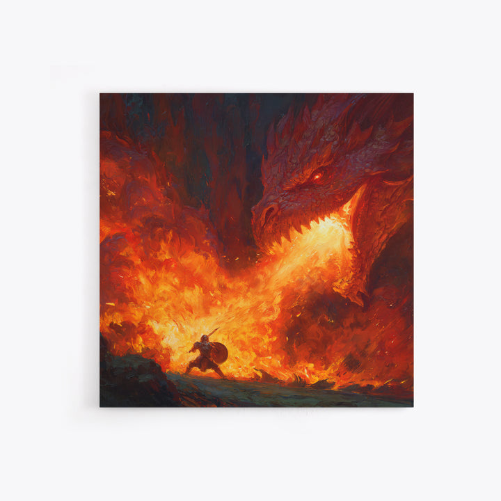 Red Dragon Breathing Fire At Brave Knight Wall Art, Dark Fantasy Canvas Print, Epic Medieval Battle Decor, Gamer Gift For Him
