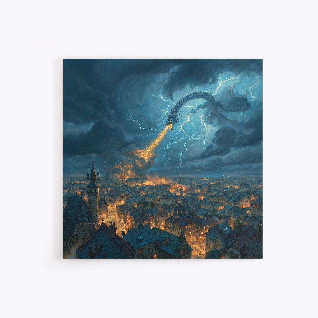 Lightning Dragon Over Stormy Medieval City Canvas Print, Dark Fantasy Wall Art, Dramatic Castle Decor, Gamer Room Gift For Him