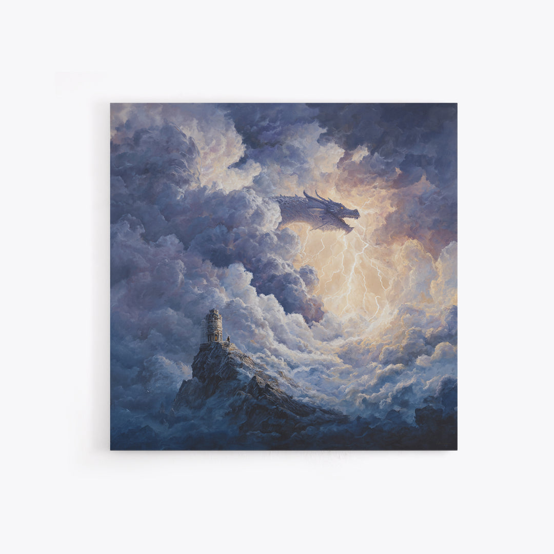 Storm Cloud Dragon With Lightning Above Lonely Tower Wall Art, Dark Fantasy Canvas Print, Gothic Castle Decor, Moody Art Gift