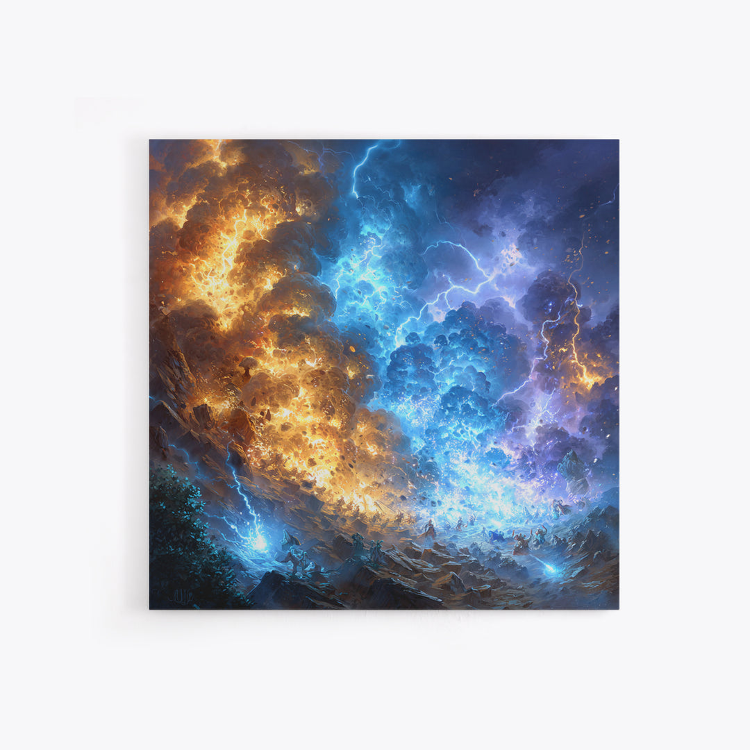 Blue And Gold Elemental Storm Battle Wall Art, Fantasy Canvas Print, Lightning Fire Landscape, Dramatic Gamer Room Decor