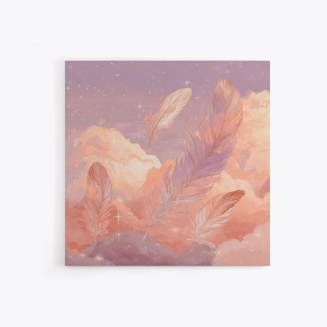 Pink Feathers Floating In Peach Clouds Canvas Print, Celestial Wall Decor, Dreamy Pastel Nursery Art, Whimsical Gift For Her