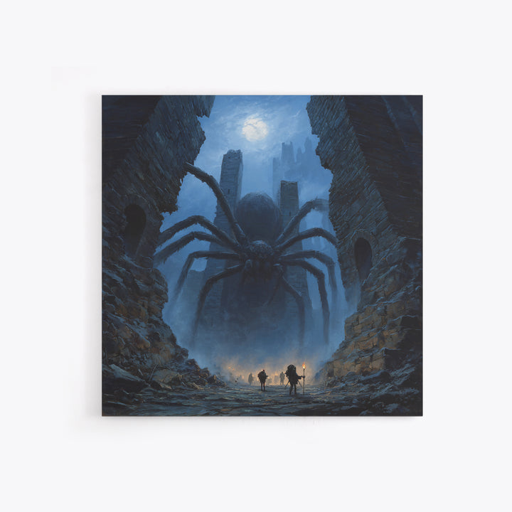 Giant Spider In Moonlit Ruins Wall Art, Dark Fantasy Canvas Print, Gothic Dungeon Decor, Creepy Adventure Gift For Gamers