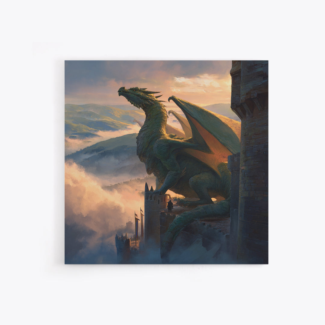 Majestic Dragon On Castle Tower Framed Canvas Print, Fantasy Wall Art, Mountain Landscape Decor, Medieval Adventure Gift
