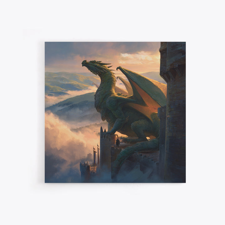 Majestic Dragon On Castle Tower Framed Canvas Print, Fantasy Wall Art, Mountain Landscape Decor, Medieval Adventure Gift