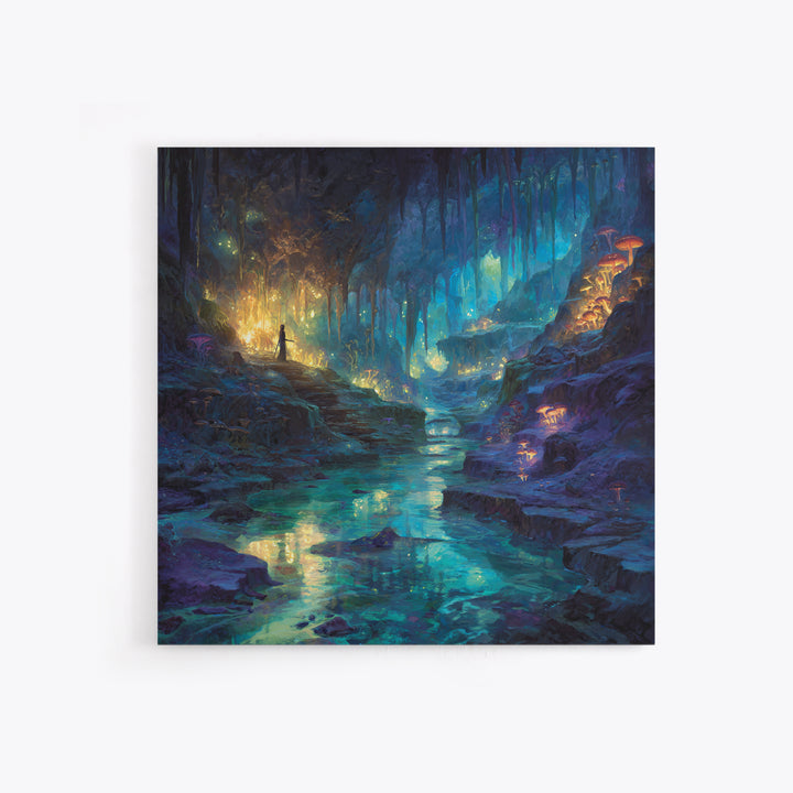 Glowing Crystal Cave River Wall Art, Fantasy Canvas Print, Bioluminescent Mushroom Decor, Magical Landscape Gift For Her