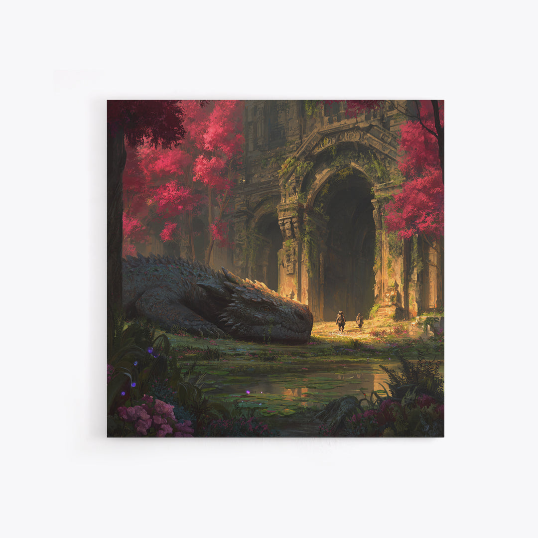 Sleeping Dragon In Crimson Forest Ruins Wall Art, Fantasy Canvas Print, Gothic Garden Decor, Mythical Adventure Gift For Her