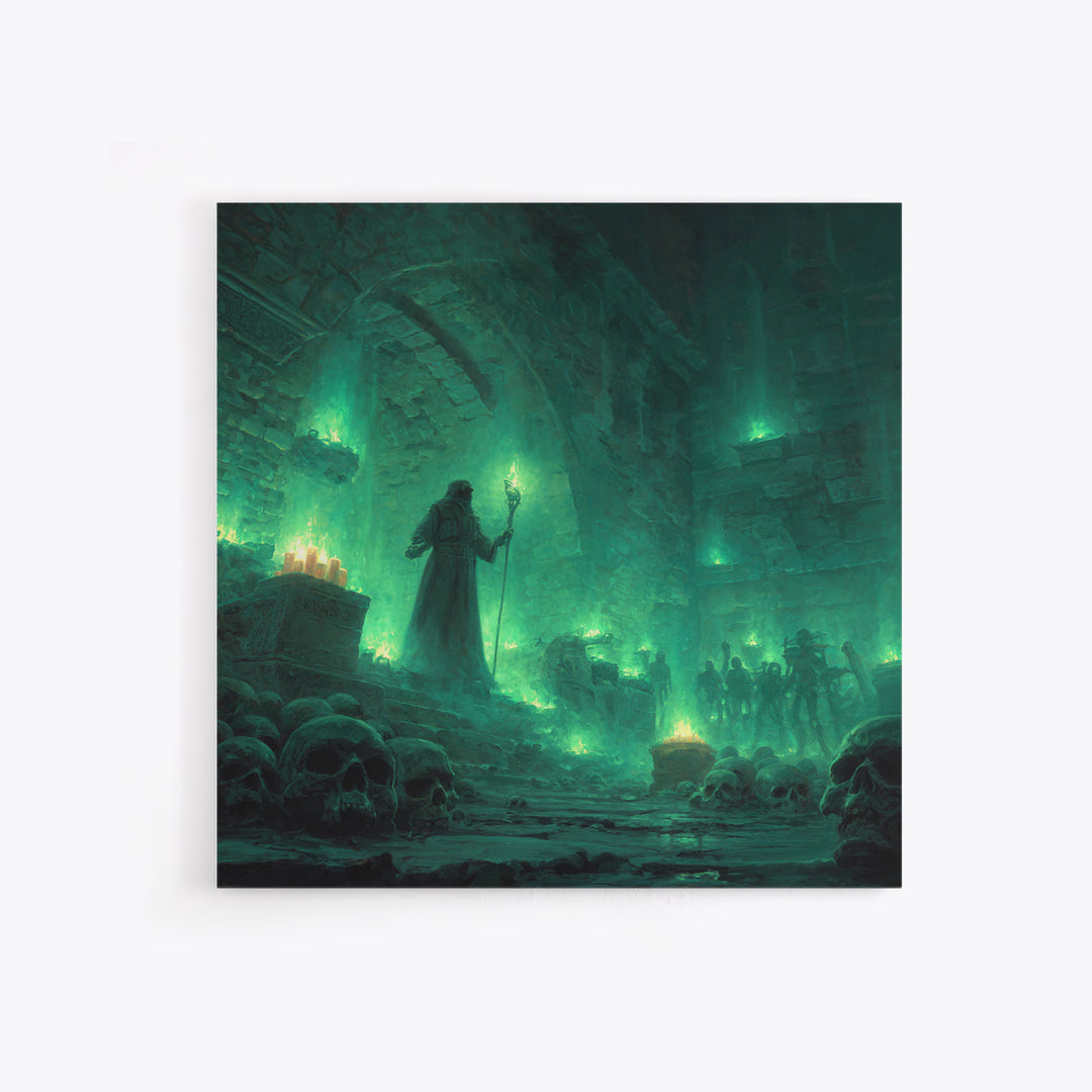 Necromancer Crypt With Skulls Wall Art, Dark Fantasy Canvas Print, Gothic Dungeon Decor, Witchy Occult Art Gift For Man Cave