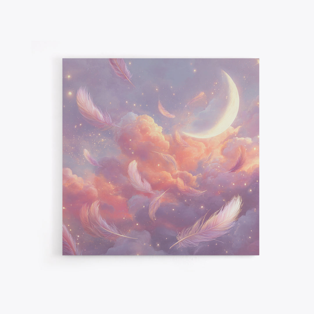 Crescent Moon And Floating Feathers Framed Canvas Print, Celestial Wall Art, Dreamy Cloud Decor, Pastel Nursery Gift For Her