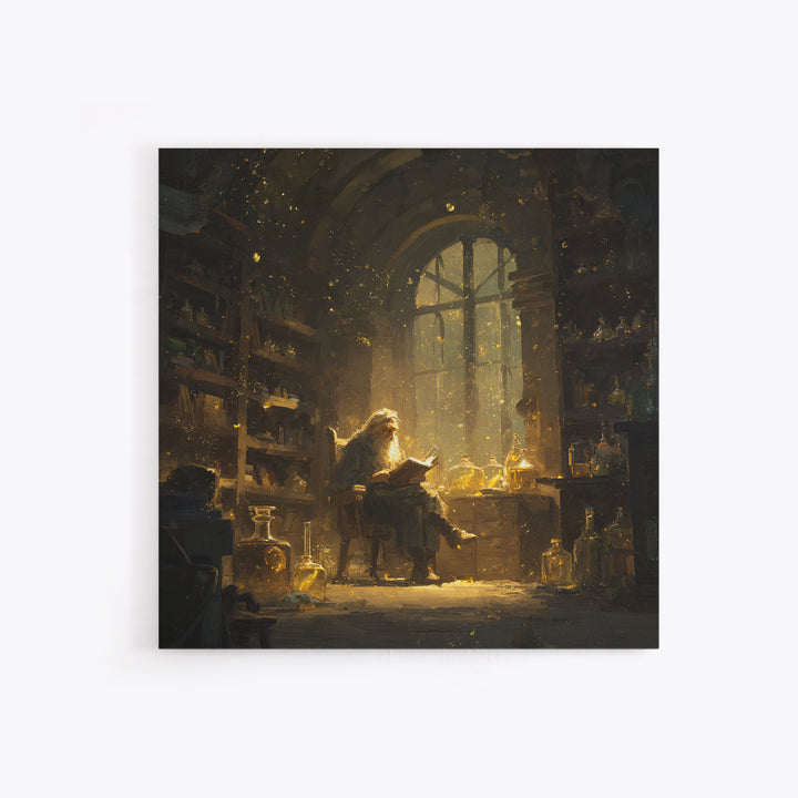 Wizard Reading In Golden Alchemy Library Wall Art, Dark Academia Fantasy Art Print, Magical Home Office Decor Gift For Readers