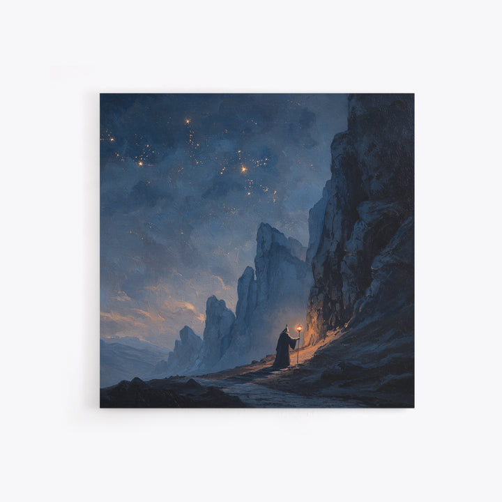 Lone Wizard On Starlit Mountain Path Canvas Print, Moody Fantasy Landscape Art, Dark Academia Office Wall Decor For Study Room