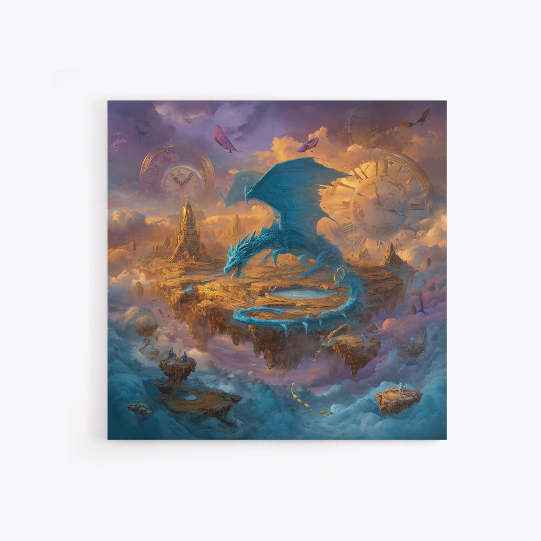 Blue Dragon Over Floating Clockwork Islands Wall Art, Epic Fantasy Canvas Print, Surreal Sky Castle Gaming Room Decor Gift