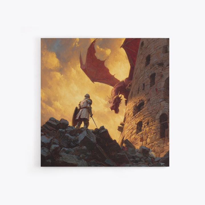 Knight Facing Red Dragon By Castle Tower Framed Canvas Print, Medieval Fantasy Wall Art, Epic Gaming Room Decor Gift For Him