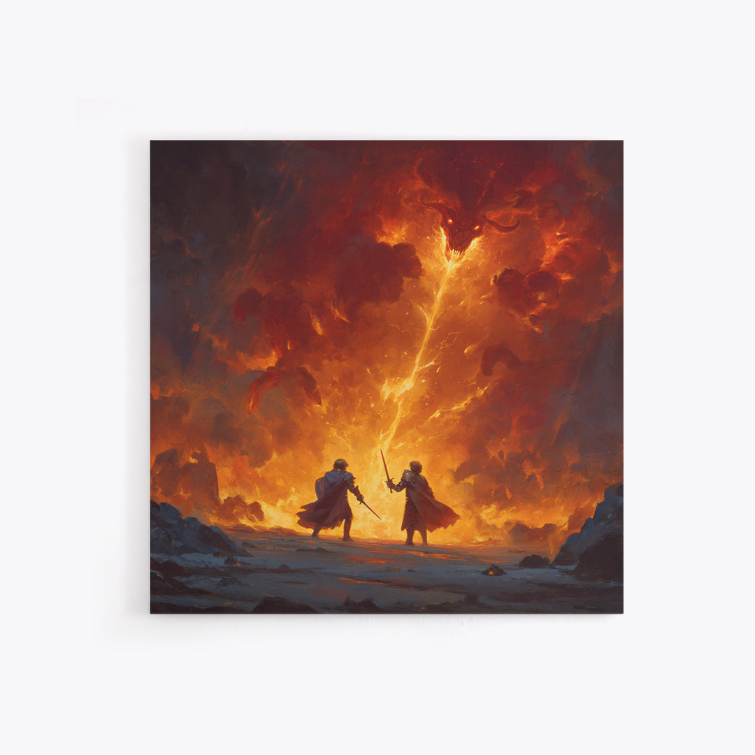Heroes Battling Fire Demon In Inferno Wall Art, Dark Fantasy Canvas Print, Epic Dungeons And Dragons Gaming Room Decor Gift