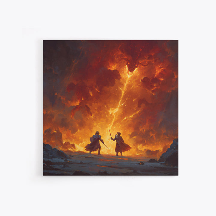 Heroes Battling Fire Demon In Inferno Wall Art, Dark Fantasy Canvas Print, Epic Dungeons And Dragons Gaming Room Decor Gift