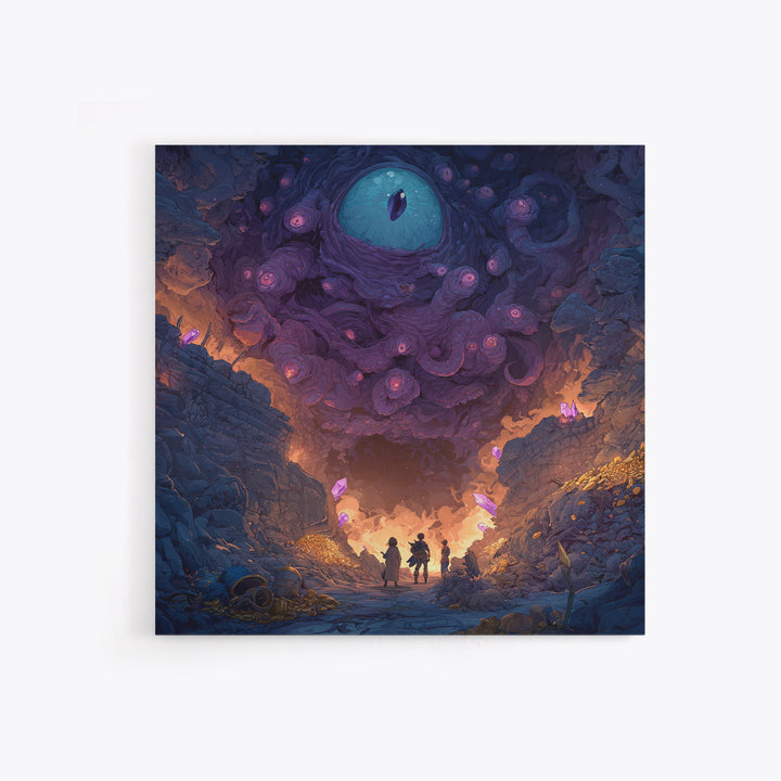 Adventurers Beneath Giant Cosmic Eye Canvas Print, Surreal Dark Fantasy Wall Art, Dungeon Cave Gaming Room Decor Gift For Him