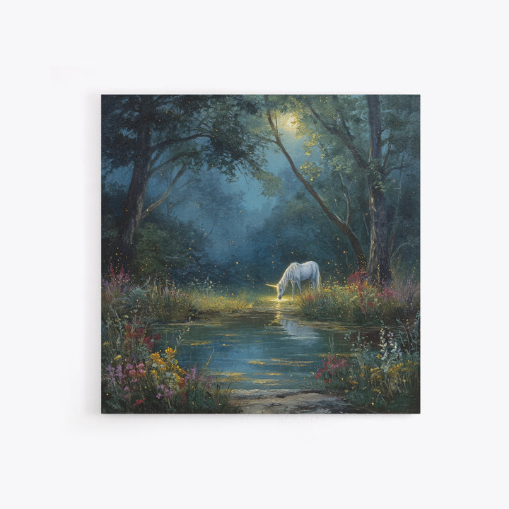 White Unicorn By Moonlit Forest Stream Wall Art, Enchanted Woodland Fantasy Canvas Print, Dreamy Nursery Decor Gift For Kids Room