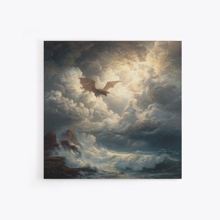Dragon Flying Through Lightning Storm Over Ocean Wall Art, Dark Fantasy Seascape Canvas Print, Nautical Gothic Decor Gift