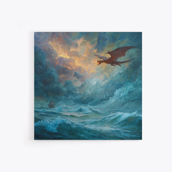 Red Dragon Soaring Above Stormy Ocean Canvas Print, Epic Fantasy Seascape Wall Art, Gothic Nautical Living Room Decor Gift