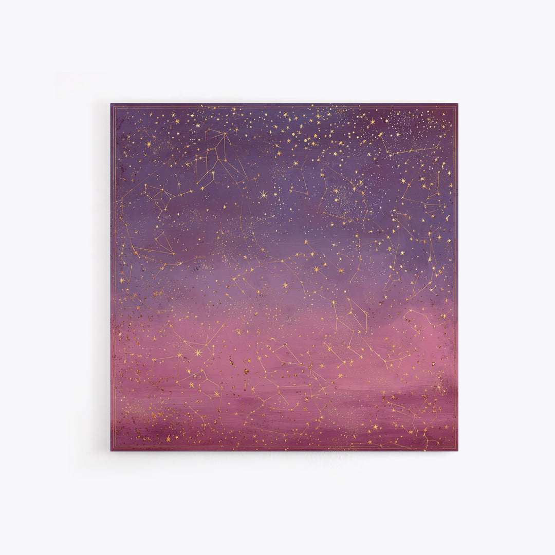 Golden Zodiac Constellation Sky Wall Art, Astrology Poster, Celestial Wall Decor, Mystical Purple Bedroom Art Print Gift