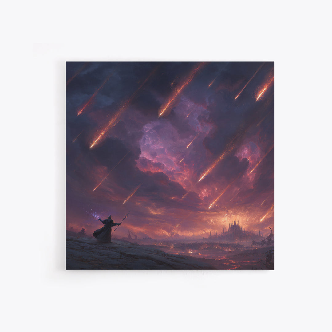 Meteor Storm Wizard Fantasy Wall Art, Dark Castle Canvas Print, Apocalyptic Sky, Gothic Gaming Room Decor, Unique Gift For Him
