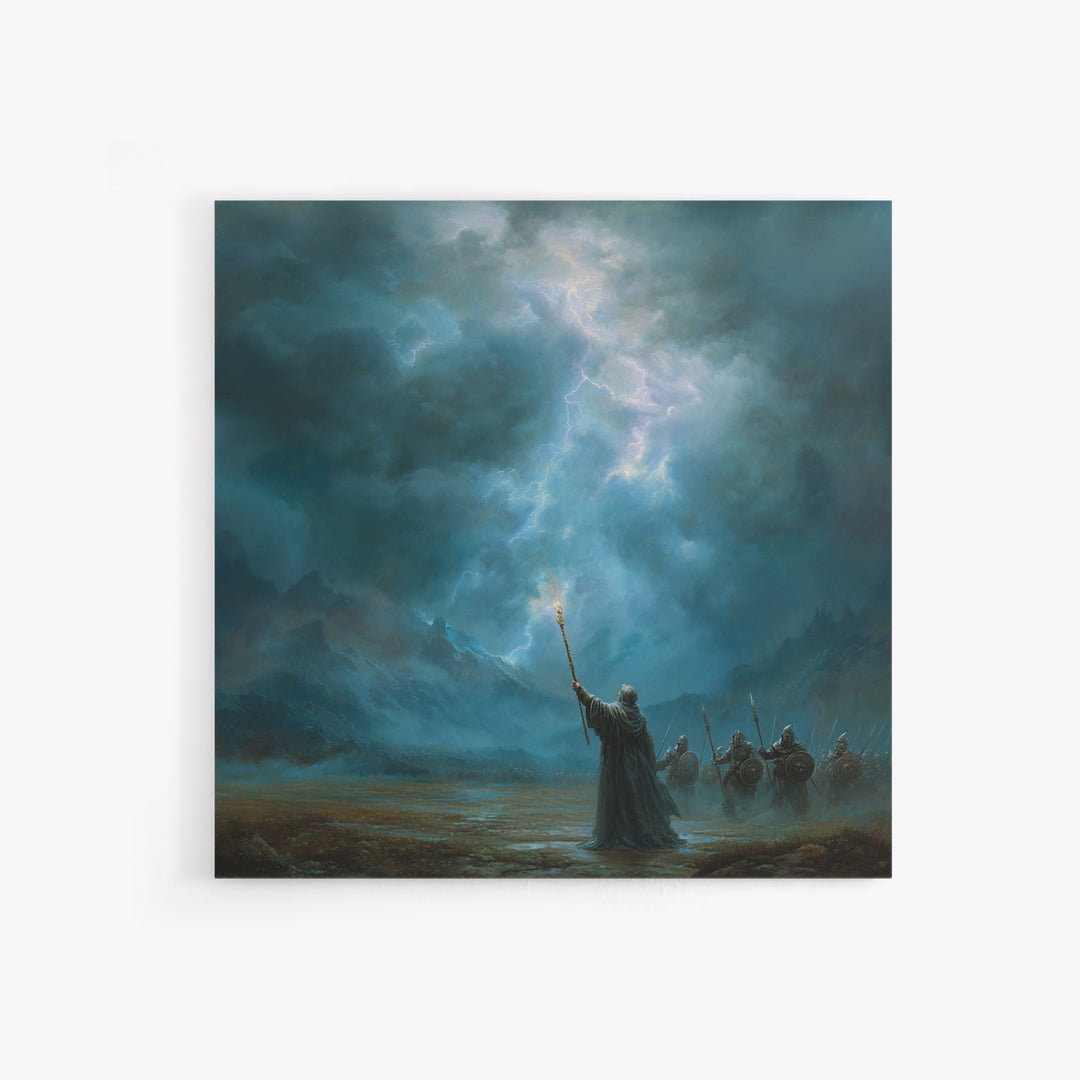 Storm Wizard Raising Lightning Wall Art, Epic Fantasy Canvas Print, Blue Mountain Battle Scene, Dark Academia Office Decor