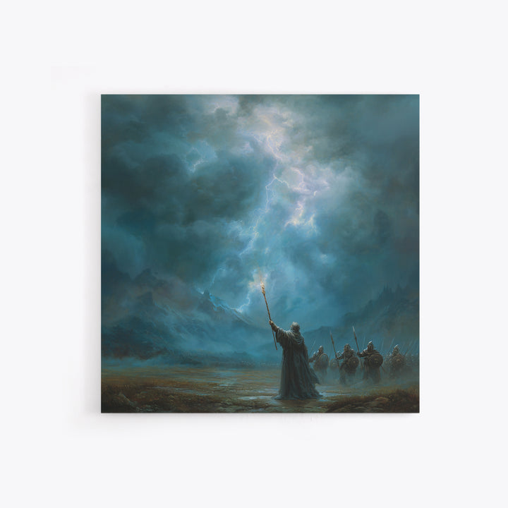 Storm Wizard Raising Lightning Wall Art, Epic Fantasy Canvas Print, Blue Mountain Battle Scene, Dark Academia Office Decor