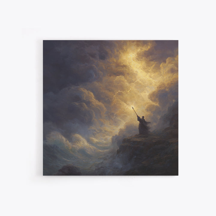 Golden Lightning Wizard Seascape Wall Art, Stormy Ocean Framed Canvas Print, Mythological Fantasy Decor, Moody Fine Art Gift