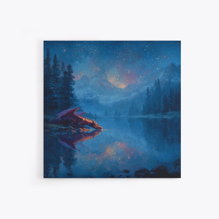 Starlit Dragon Lake Fantasy Wall Art, Blue Mountain Canvas Print, Celestial Nursery Decor, Magical Kids Room Art Gift For Dragon Lovers